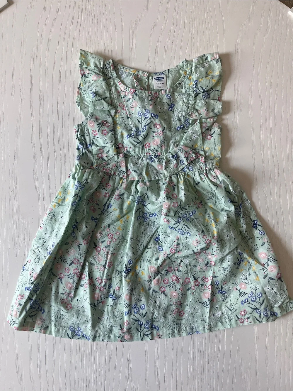 Old Navy Mint Green Floral Ruffle Dress with Pink & Blue Accents